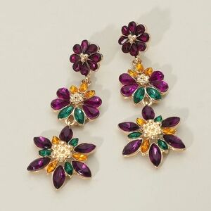 Mardi Gras Glass Stone Cluster Layered Petal Floral Drop Statement Earrings